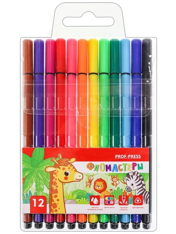 Фломастеры трехгранные 12 цв. TINY ZOO, европодвес 17*12*0,8 см