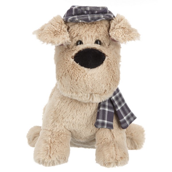Собака бежевая в кепочке и шарфике, 25 см