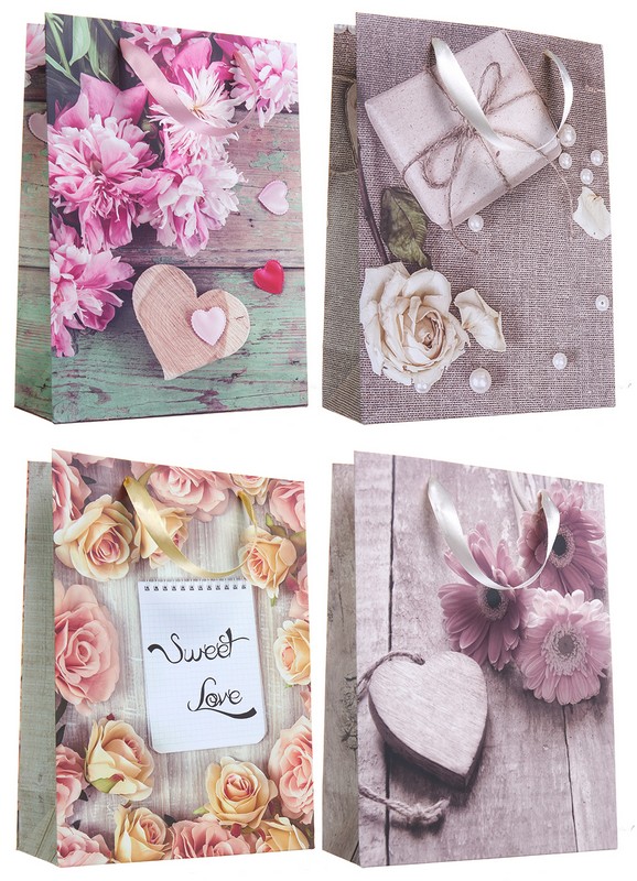 Подарочные пакеты "With Love" в ассортименте, 22x31x10 см, 4 вида, 12 шт. / упак.