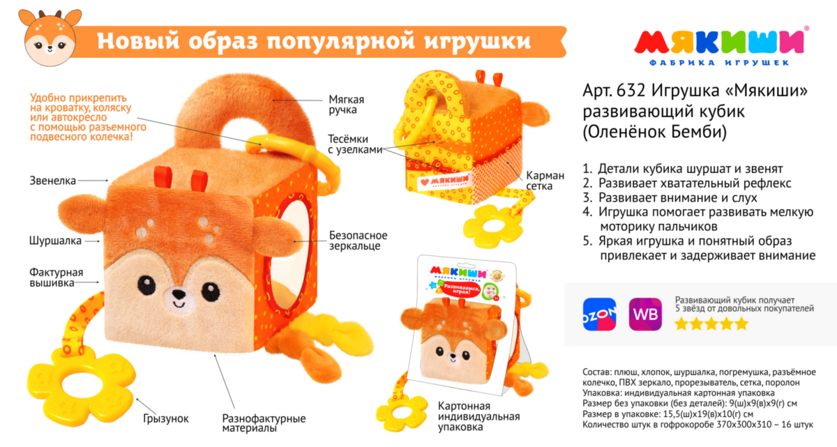 Игрушка-развивающий кубик "Мякиши. Оленёнок Бемби" Игрушка-развивающий кубик "Мякиши. Оленёнок Бемби"