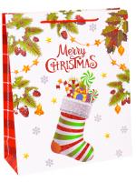 Пакет подарочный с матовой ламинацией и глиттером (XL) "Новогодний носок с подарками"