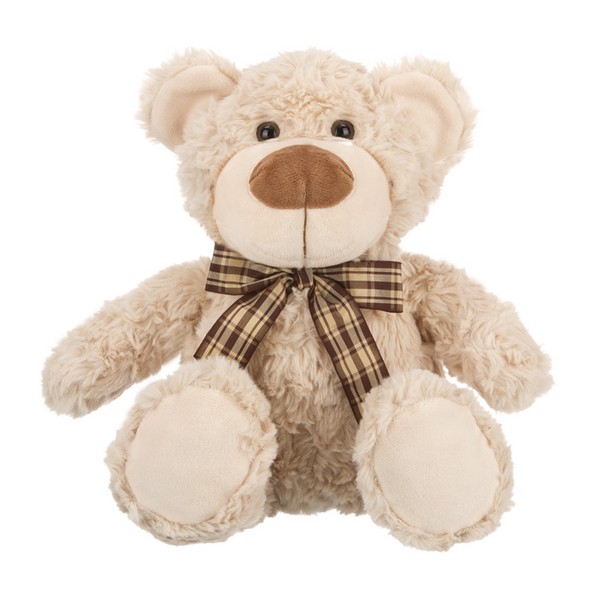 Мишка кремовый с коричневой ленточкой в клетку, 20 см