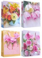 Подарочные пакеты "Цветы" в ассортименте, 22x31x10 см, 4 вида, 12 шт. / упак.