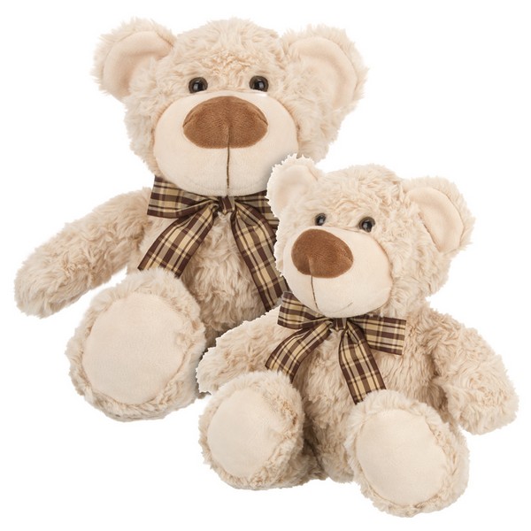 Мишка кремовый с коричневой ленточкой в клетку, 25 см