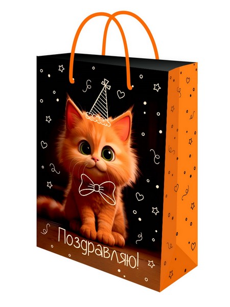 Optima Пакет подарочный с глянц.лам. 22*31*10 см (ML) Котик в колпаке, 128г (соб.разр)