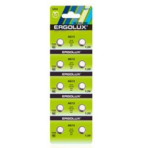 Батарейка для часов (10 шт на блист.) "Ergolux AG13  BL-10 (AG13-BP10, LR44, LR1154), на картоне 5,2*0,3*17 см