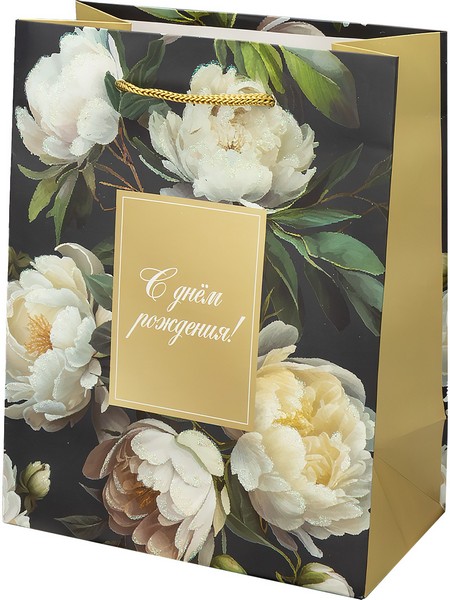 Dream cards Пакет подароч. с мат.лам. и глит. 18х23х10 см (M) Белые пионы, 190г(собс.раз.)