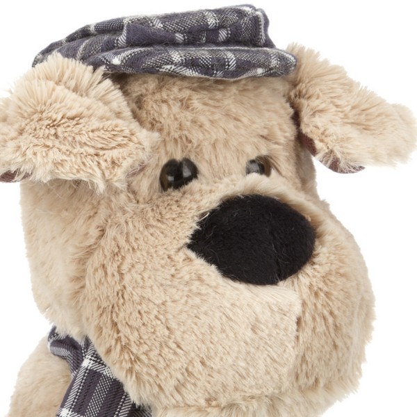 Собака бежевая в кепочке и шарфике, 20 см