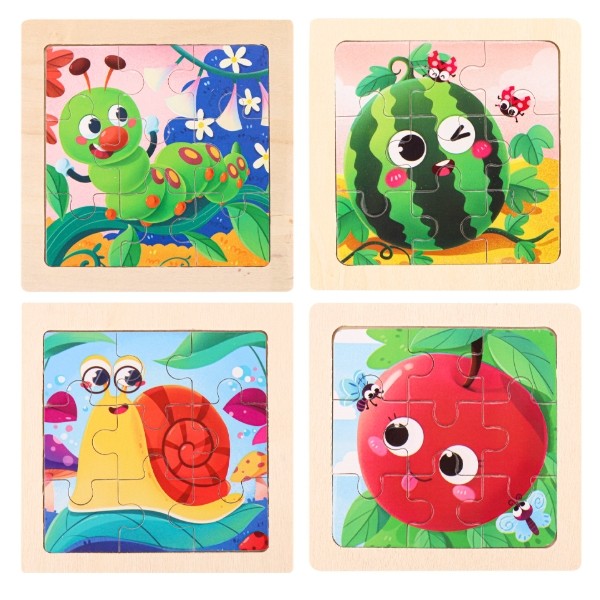 Деревянная игрушка. Пазл-рамка "Ягоды, насекомые" (11x11 см, 4 шт. в наборе)