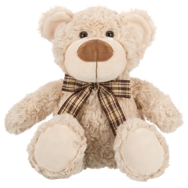 Мишка кремовый с коричневой ленточкой в клетку, 25 см