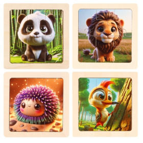 Деревянная игрушка. Пазл-рамка "Милые животные" (10x10 см, 4 шт. в наборе)