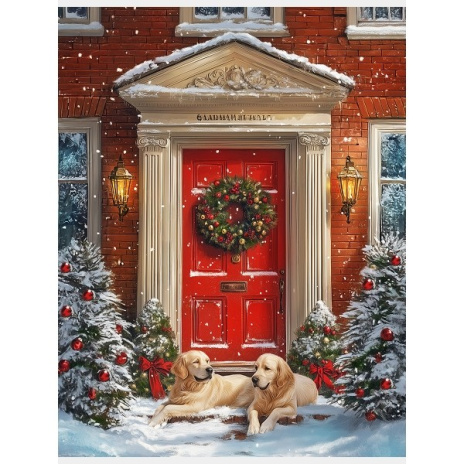 Холст с красками 17х22 см по номерам в коробке (14цв.) Два ретривера на крыльце,