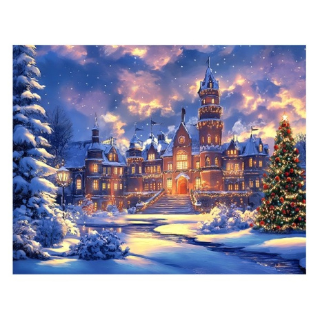 Холст с красками 40х50 см по номерам в коробке (30цв.) Замок в новогодних огнях, Холст с красками 40х50 см по номерам в коробке (30цв.) Замок в новогодних огнях,