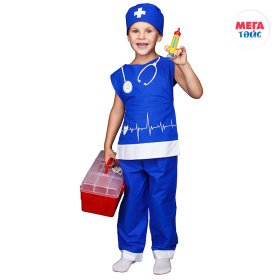 Набор МЕДИК 7 пред.: штаны, накидка, колпак, стетоскоп, очки, шприц, градусник (10шт)