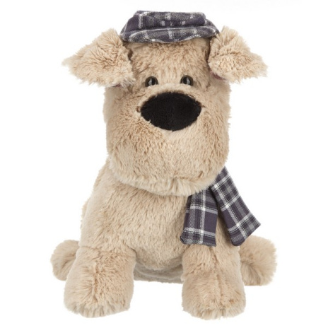Собака бежевая в кепочке и шарфике, 25 см
