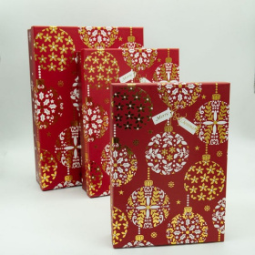 Набор коробок НГ 3в1 прямоугольник 33х23х7 / 28х20х6 / 24х17х5см, Шары на красном, 34*24*8 см