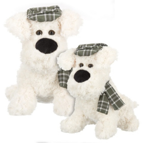 Собака  кремовая в кепочке и шарфике, 20 см