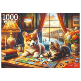 Пазлы 1000 элементов. КОТ И ЩЕНОК ЗА ПАЗЛАМИ