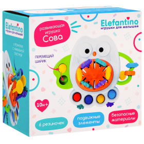 Развивающий игровой центр Сова "Elefantino", 6 резиночек с уникальной текстурой, подвижные детали