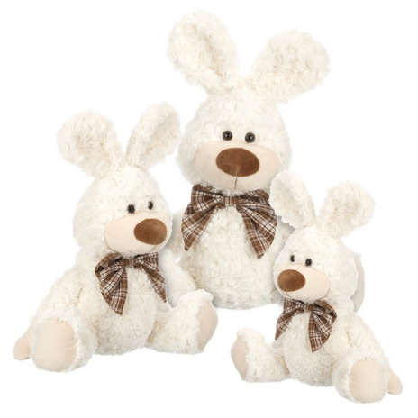 Зайчик белый с коричневым бантиком в клетку, 25 см