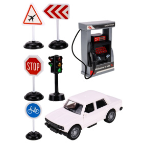 Машинка инерционная в наборе (13,5*6,5*6 см,светофор, дор. знаки, заправка, белый)