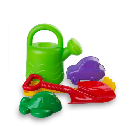 Песочный набор №33 (совок, грабли, 2 формочки транспорт, лейка)