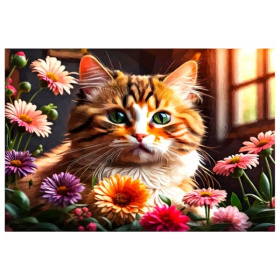Алмаз мозаика (квадрат.) 17х22 см,с подр.,с полн.заполн.(20цв) Портрет котика в цветах