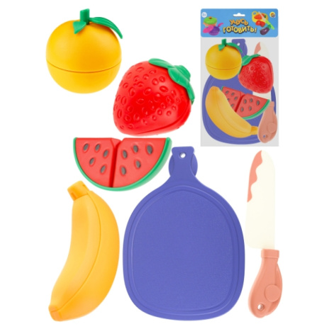 Набор фруктов и овощей для резки (6 предметов, синяя доска, розовый нож, в пакете)