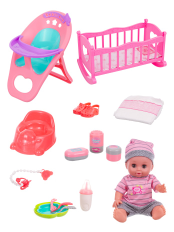 Набор Girl's Club "Маленькая мама", в комплекте: пупс 30 см, кроватка, стульчик, аксессуары