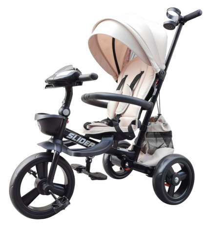 Велосипед трехколесный SLIDER, надувные колёса 12 и 10", фара, корзинка, сумочка