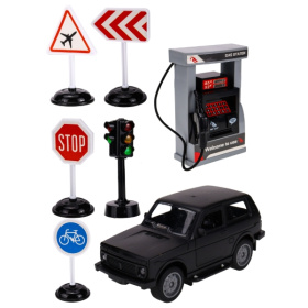 Машинка инерционная в наборе (13,5*6,5*6 см, светофор, дор. знаки, заправка, красный)