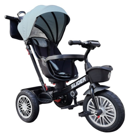 Велосипед трехколесный SLIDER, надувные колёса 12 и 10", фара, корзинка, сумочка