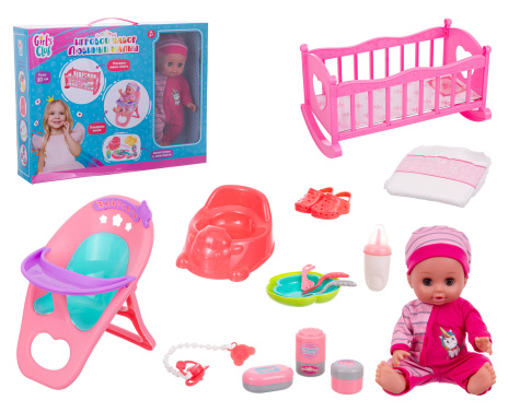 Набор Girl's Club "Маленькая мама", в комплекте: пупс 30 см, кроватка, стульчик, аксессуары