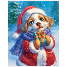 Холст с красками 17х22 см по номерам в коробке (14цв.) Щенок в костюме Деда Мороза, Холст с красками 17х22 см по номерам в коробке (14цв.) Щенок в костюме Деда Мороза,