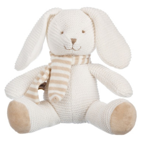 Зайчик  вязаный бежевый в шарфике, 24 см