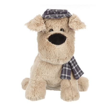 Собака бежевая в кепочке и шарфике, 20 см