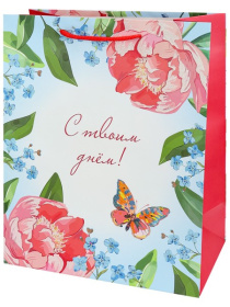 Dreamcards Пакет подар. с мат.лам. и глит.26,4х32,7х13,6см(L)Цветы и бабочка, 190г(соб.разр)