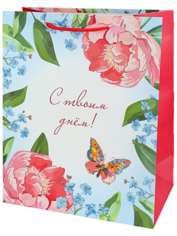 Dreamcards Пакет подар. с мат.лам. и глит.26,4х32,7х13,6см(L)Цветы и бабочка, 190г(соб.разр)