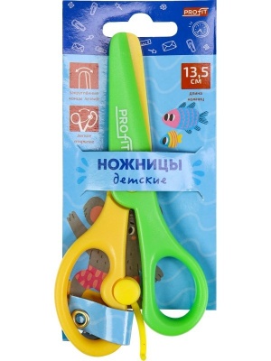 Ножницы детские, жёлто-зелёные. Коала 13,5 см, пласт лез,ручк с усил,