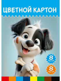 Цветной картон А4 СТАНДАРТ. МИЛАЯ СОБАКА - 1  папка, одностор. 8л. 8 цв. 210х297, 29,9*21,7*0,6 см