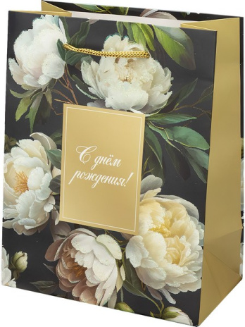 Dream cards Пакет подароч. с мат.лам. и глит. 18х23х10 см (M) Белые пионы, 190г(собс.раз.)