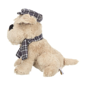 Собака бежевая в кепочке и шарфике, 20 см