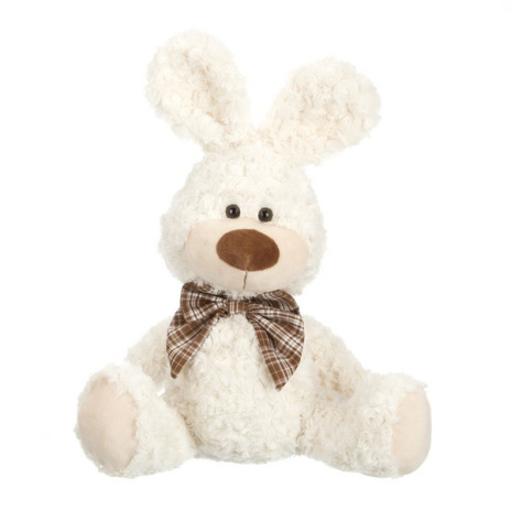 Зайчик белый с коричневым бантиком в клетку, 25 см