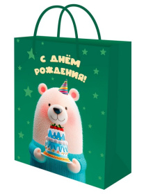 Optima Пакет подарочный с глянц.лам. 26,4х32,7x8 см (L) Мишка и торт, 128г (соб.разр)