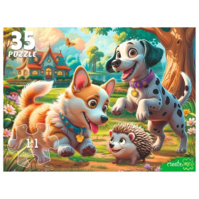 Пазлы 35 элементов. Щенки и ежик