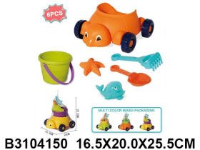 Набор "Песочный" 6 предметов: черепашка, ведёрко, грабли, совок, 2 формочки, 3 цвета в ассортименте