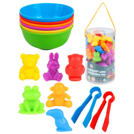 Сортер "Учим цвета. Животные-2", 36 фигурок,  6 цвет. тарелок, 2 пинцета, в тубе 17*9*9см